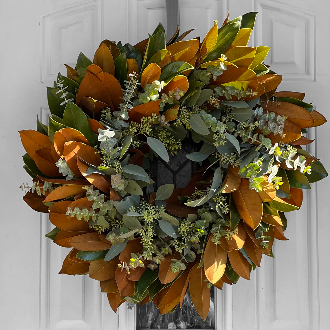 Fresh Magnolia Seeded Eucalyptus and Spiral Eucalyptus Wreath