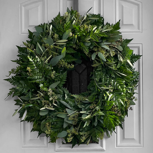 Fresh Seeded Eucalyptus Olive and Leatherleaf Wreath