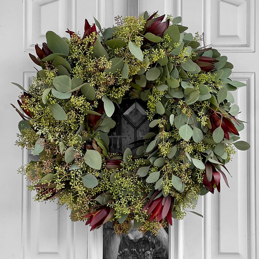 Seeded Eucalyptus and Safari Sunset Leucadendron Wreath