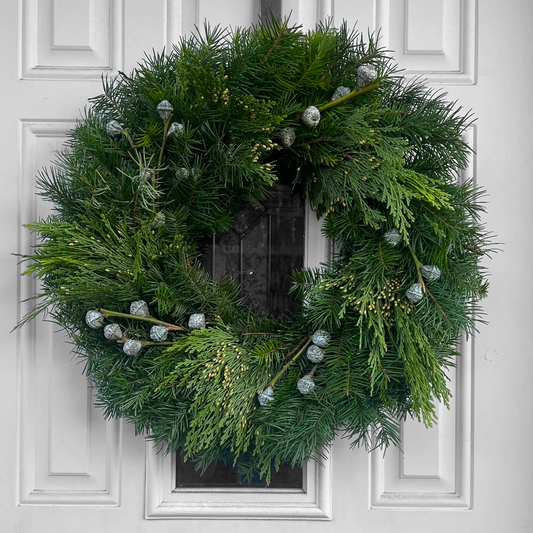 Fresh Silver Bells, Cedar, Fir Greenery Wreath